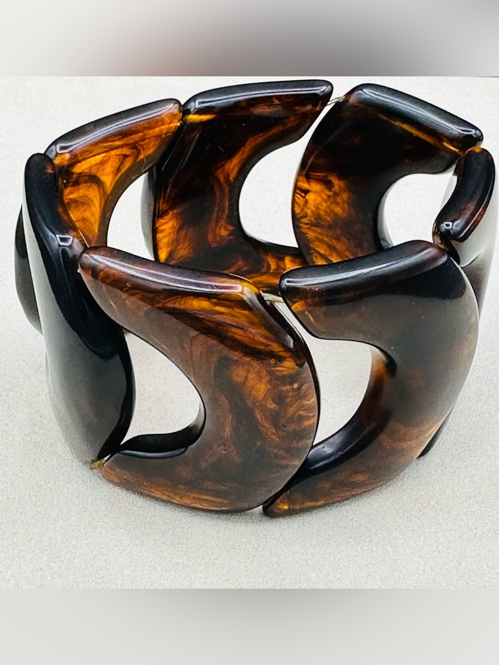 Vintage Chunky Tortoiseshell Lucite Crescent Link Wide Stretch Cuff Bracelet